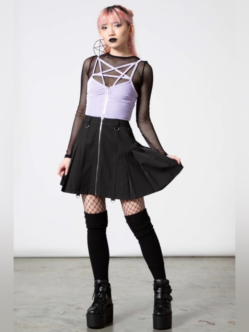 Killstar Lilac Velvet Pentagram Zip Crop Top XS